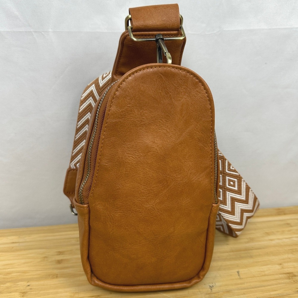 Brown Vegan Leather‎ Sling Bag Geometric Guitar Strap Crossbody Zip Unbranded